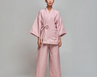 Conjunto japonés Jinbei / Pantalones cortos y top tipo kimono de algodón unisex / Ropa de estar tradicional de verano / Pijama Yukata informal
