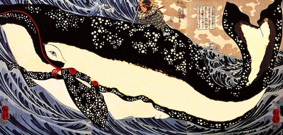日本美術、気まぐれな生き物、クジラのアート、日本美術、壁アート
