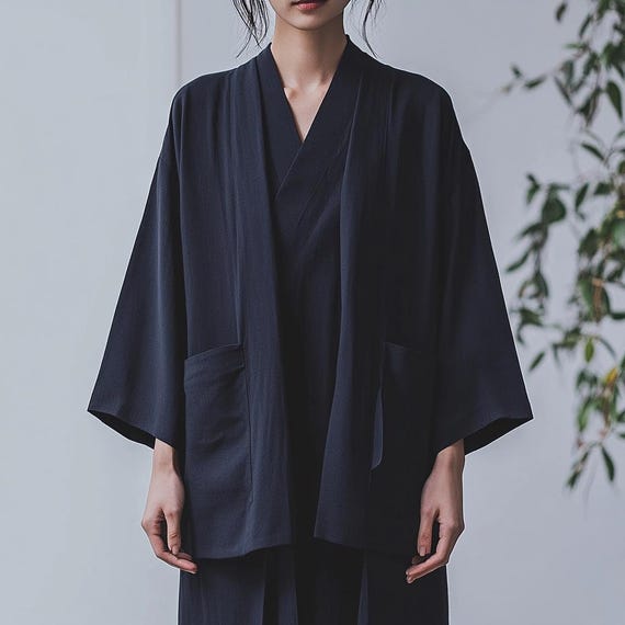 Cotton Black Kimono, Haori, Japanese Clothing, Kimono Jacket Cotton, Aesthetic Clothing, Kimono Robe, Japanese Gifts