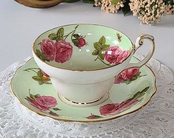 EB Foley Teacup & Saucer with Big pink Roses and Bees on Light Green Background, Gold Trim,  1948-1963