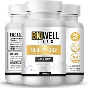 May include: Three white supplement bottles with black and gold labels. The labels read "BIOWELL LABS SLU-PP-332" and include text about the product's contents and disclaimers. The bottles also feature "Non-GMO", "Gluten Free", and "Vegan" symbols.