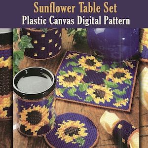 SUNFLOWER TABLE SET Plastic Canvas Instant Digital Download Pattern Placemat Coasters Plant Holder Coffee Mug Napkin Ring