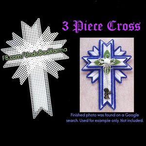 May include: The image shows a white plastic canvas cross and a finished cross with blue and white detailing, green accents, and a small decorative element. The text "3 Piece Cross" is displayed in purple.