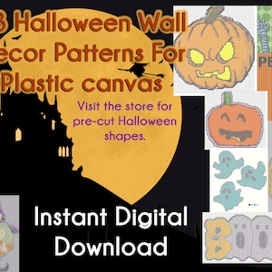 13 Plastic Canvas HALLOWEEN Wall DECOR patterns Digital Download Pumpkin Skull Witch Ghost Dracula BOO Bat Scary Funny Jpeg Png Printable