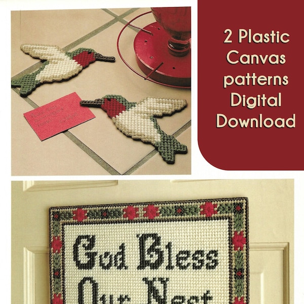 HUMMINGBIRD & GOD Bless Our NEST Sign Vintage Plastic Canvas Pattern Pdf Instant Digital Download Wall Art Decor Magnet Plant Poke