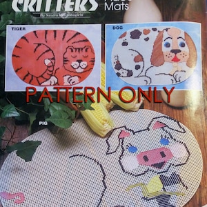 May include: A set of three placemat patterns featuring a tiger, dog, and pig. The patterns are printed on white paper with the words "Critters' Place Mats" and "Pattern Only" printed above the patterns. The words "Digital Download" are printed below the patterns.