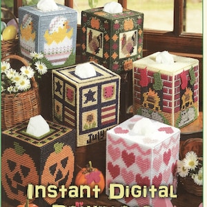 May include: A collection of decorative tissue box covers in various holiday themes, including Easter, Halloween, and Christmas. The covers are made from plastic canvas and feature cross-stitch designs with seasonal motifs. The image includes the text "HOLIDAY BOUTIQUES IN PLASTIC CANVAS" and "INSTANT DIGITAL DOWNLOAD".