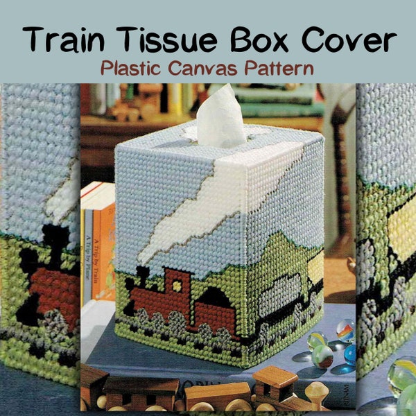 TRAIN Tissue Box PLASTIC CANVAS Cover Pattern Digital Express Kids Room Family Den Table Decor 7 Mesh Pattern Stitch Sew Needlepoint
