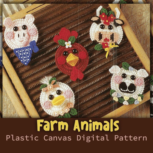 FARM ANIMALS Vintage Plastic Canvas MAGNETS Digital Download Pattern Chicken Cow Rooster Pig Sheep Plant Pokes Ornaments Fun Fridge Decor