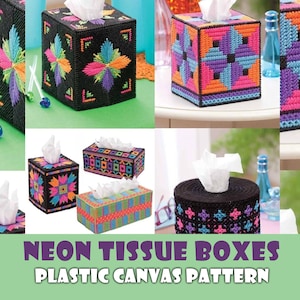 Puede incluir: Una colección de cajas de pañuelos de colores neón hechas de lona de plástico. Las cajas presentan patrones geométricos y florales en rosa brillante, naranja, azul y verde sobre un fondo negro. Se muestra el texto "NEON TISSUE BOXES PLASTIC CANVAS PATTERN".
