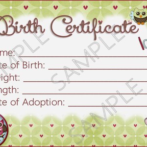 OWL LOVE YOU Reborn Baby Doll Certificato di nascita Download immediato Stampa file png Jpeg e Pdf per grafica 8x10