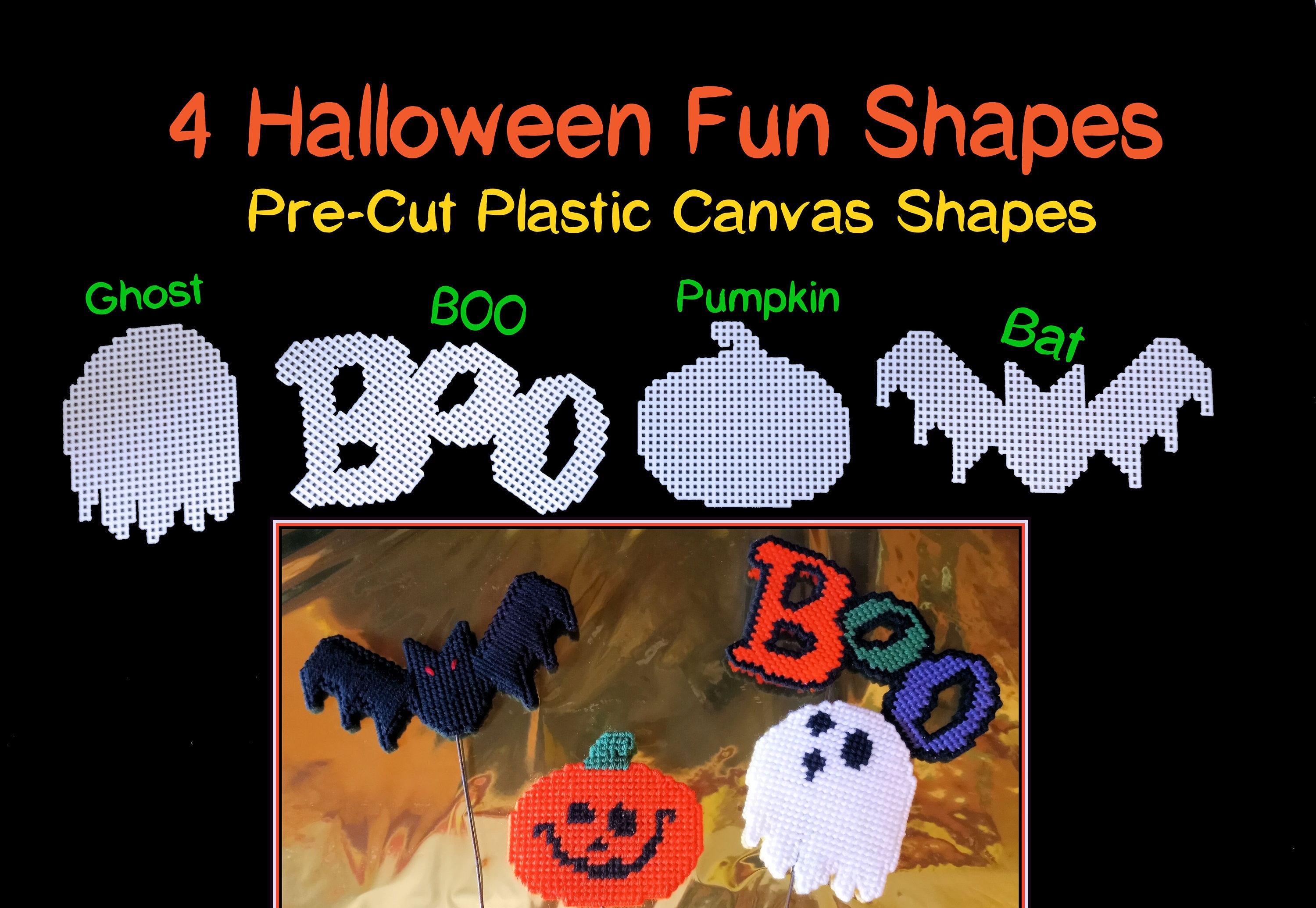 HALLOWEEN Plastic Canvas SHAPES Pre-cut Ghost Bat BOO Pumpkin Plant Pokes  Magnets Ornaments Embellishments 7-mesh Clear With Patterns New 