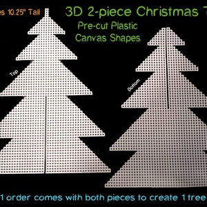 May include: Two white plastic pieces for a 3D Christmas tree craft project. The pieces are pre-cut and measure 10.25 inches tall. The text "3D 2-piece Christmas Tree" and "Pre-cut Plastic Canvas Shapes" is visible in the image. The text "Top" and "Bottom" is visible on the pieces. The text "1 order comes with both pieces to create 1 tree." is visible at the bottom of the image.