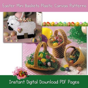 Könnte beinhalten: Ein Set aus drei Osterkörben aus Plastik-Canvas mit Griffen, gefüllt mit Gummibärchen. Die Körbe sind braun und haben ein grünes grasartiges Material im Inneren. Die Körbe stehen auf einem rosa-weiß karierten Hintergrund. Das Bild zeigt auch ein weißes Plastik-Canvas-Lamm mit einer rosa Blume auf dem Kopf, gefüllt mit bunten Süßigkeiten. Der Text "Sofortiger digitaler Download PDF-Seiten" befindet sich am unteren Rand des Bildes.