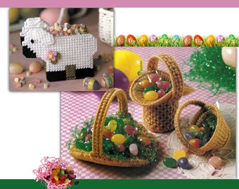 May include: A set of three plastic canvas Easter baskets with handles, filled with jelly beans. The baskets are brown and have a green grass-like material inside. The baskets are on a pink and white checkered background. The image also includes a white plastic canvas lamb with a pink flower on its head, filled with colorful candies. The text "Instant Digital Download PDF Pages" is at the bottom of the image.
