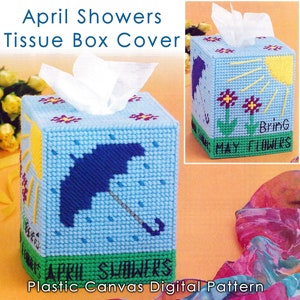 April SHOWERS Plastic Canvas TISSUE BOX Cover Pattern Instant Digital Download Umbrella Showers Weather Kleenex tissue paper Rain  Pattern
