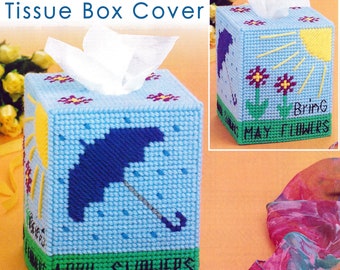 April SHOWERS Plastic Canvas TISSUE BOX Cover Pattern Instant Digital Download Umbrella Showers Weather Kleenex tissue paper Rain  Pattern