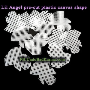 May include: A white plastic canvas pre-cut into the shape of an angel. The canvas is made up of small squares and is ready for use in crafting projects.