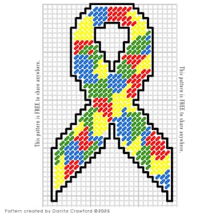May include: A colorful pixelated awareness ribbon with the text "Autism Ribbon." The ribbon design features a mix of red, yellow, green, and blue pixels. The image also includes text about sharing the pattern.