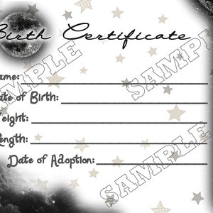 MOON DREAMER Reborn Baby Doll Geboorteakte Instant Download You Print PNG Jpeg Pdf-bestanden voor 8 x 10 grafische afdrukbare zwart-wit