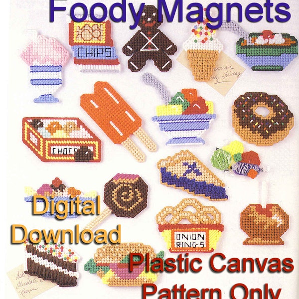 FOODY MAGNETS Plastic Canvas pattern Digital DOWNLOAD Refrigerator Food Plant Pokes Ornaments Donut Ice Cream Candy Cake Pie Cookie