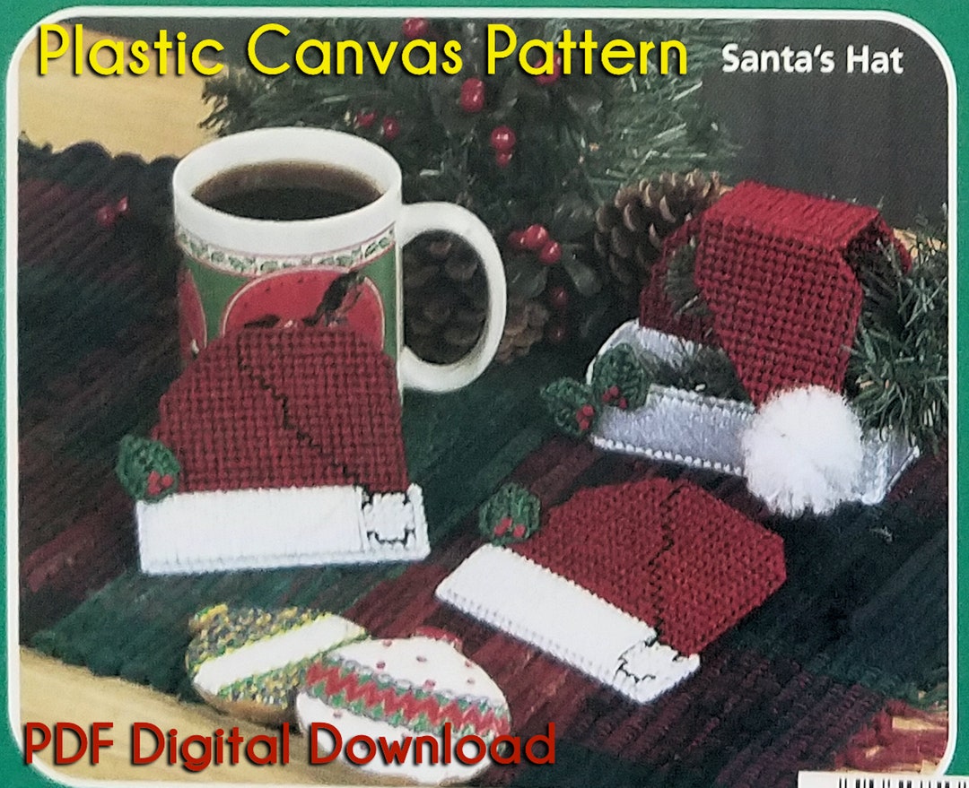 SANTA'S Hat COASTER Plastic Canvas Pattern Instant Digital Download Christmas Drink Cup Table Coaster Set
