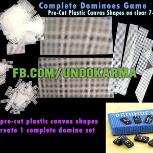 May include: A complete set of dominoes made from plastic canvas. The set includes 181 pre-cut pieces that can be assembled to create a full set of dominoes. The image also shows a finished set of dominoes on a blue background.