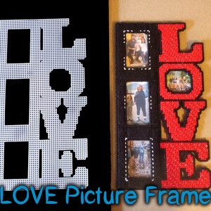 May include: A picture frame in the shape of the word "LOVE". The frame is black with three photo slots and red letters. The photos are visible in the frame. The text "LOVE Picture Frame" is at the bottom.