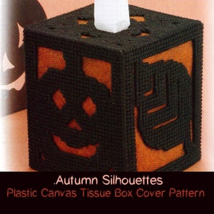 HALLOWEEN Silhouettes TISSUE BOX Cover Plastic Canvas Pattern Autumn Pumpkin Cat Leaf Pumpkin Jackolantern Spooky Kleenex Nose Download