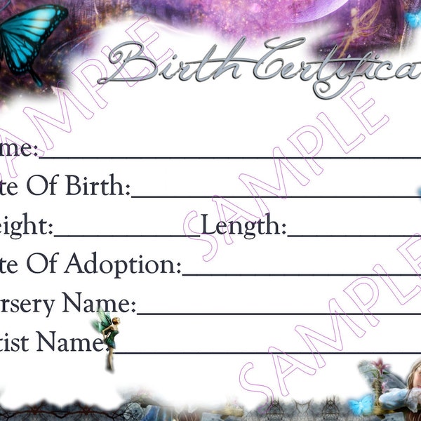 FANTASY Reborn Baby Doll Birth Certificate Instant Download You Print PNG Jpeg and Pdf files for 8x10 graphic Fairy butterfly Girl or Boy