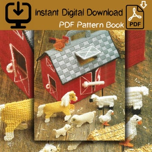 May include: A red and white plastic barn with a gray roof and a white door. The barn is surrounded by a variety of plastic farm animals, including a horse, a chicken, a sheep, and a pig. The animals are all white with black accents. The barn and animals are all part of a craft kit.