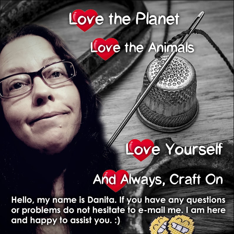 Może przedstawiać: Kobieta w okularach uśmiecha się do kamery. Obraz jest nałożony na czerwone serca i tekst "Love the Planet", "Love the Animals", "Love Yourself" i "And Always, Craft On".
