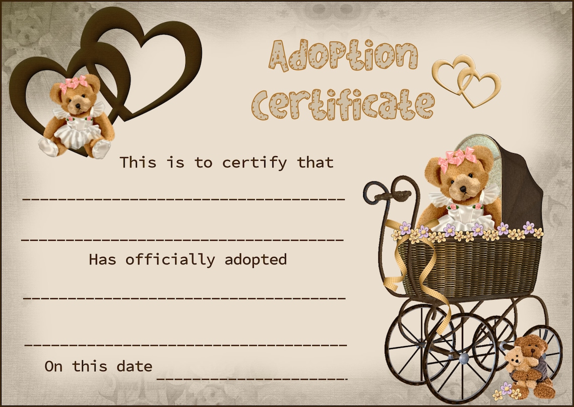 Teddy Bear CERTIFICATE OF ADOPTION Graphic You Print Reborn | Etsy