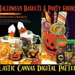 May include: Image of Halloween-themed party favors and baskets. The image includes a variety of items, such as candy, lollipops, and decorative baskets shaped like pumpkins. Text on the image reads "Halloween Baskets & Party Favors" and "Plastic Canvas Digital Pattern."
