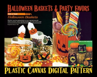 May include: Image of Halloween-themed party favors and baskets. The image includes a variety of items, such as candy, lollipops, and decorative baskets shaped like pumpkins. Text on the image reads "Halloween Baskets & Party Favors" and "Plastic Canvas Digital Pattern."
