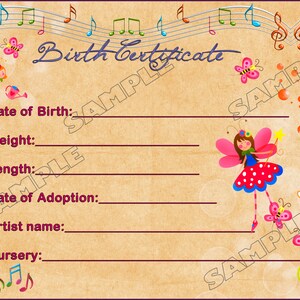 HADAS MUSICALES Muñeca Reborn Certificado de Nacimiento Descarga Instantánea Imprime PNG Jpeg y Pdf para 8x10 Fecha de Adopción Artista Gráfico