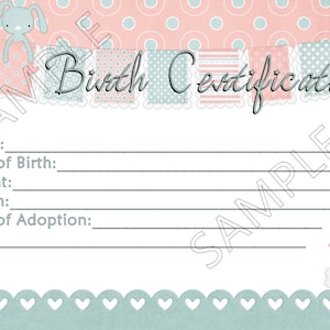 Certificado de nacimiento de muñeca bebé renacida BUNNY LOVE Descarga instantánea Imprime archivos PNG Jpeg y Pdf para gráficos estándar de 8x10 Unisex Niña Niño