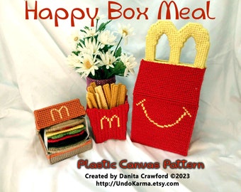 HAPPY BOX Meal Plastic Canvas Pattern Fun Purse Tissue Box Storage Box Toys Jewelry School Digital Download Pattern Book Fries Resturant