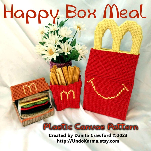 HAPPY BOX Meal Plastic Canvas Pattern Fun Purse Tissue Box Storage Box Toys Jewelry School Digital Download Pattern Book Fries Resturant