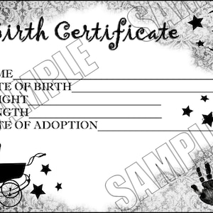 ZWART-WIT Vintage Reborn Baby Doll Geboorteakte Instant Download You Print PNG Jpeg- en Pdf-bestanden voor 8 x 10