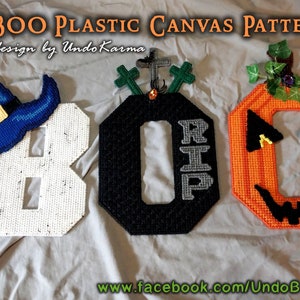 BOO Plastic Canvas PATTERN Original Design HALLOWEEN by UndoKarma Witch Hat Pumpkin Jackolantern Spooky Fun Wall Art Decoration Hanging