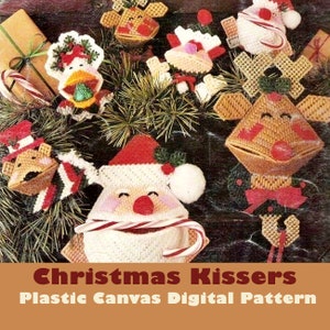 CHRISTMAS KISSERS Plastic Canvas Pattern Book Instant Digital Download ORNAMENTS Stocking Hanger Reindeer Santa Snowman Gift Tags Ornies