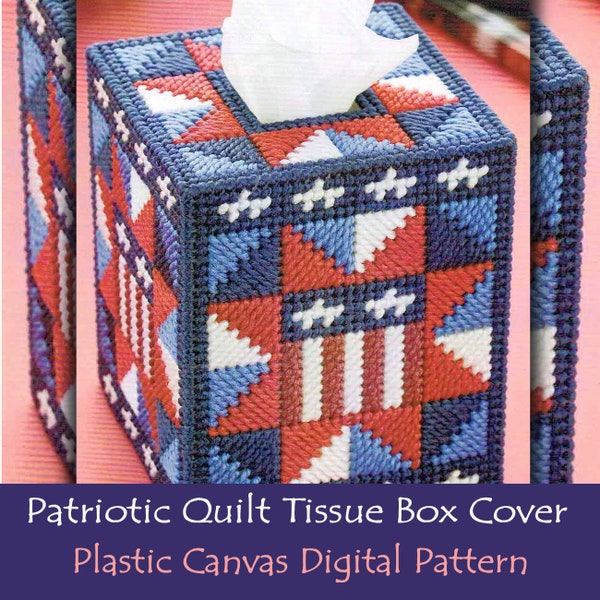 PATRIOTIC Quilt TISSUE BOX Cover Plastic Canvas Pattern Digital Download Red White Blue July 4th Memorial Day American Flag Tabletop Decor