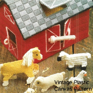 May include: A red barn with a gray roof and white trim. The barn has a door with a white handle. There are four plastic canvas animals in front of the barn: a yellow horse, a white sheep, a white lamb, and a white duck. The text "Vintage Plastic Canvas Pattern" is printed below the animals.