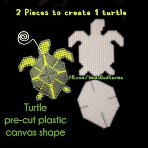 May include: Two pieces of pre-cut plastic canvas in the shape of a turtle. One piece is a gray turtle with yellow accents, and the other is a white outline of a turtle. The text "2 Pieces to create 1 turtle" is at the top of the image. The text "Turtle pre-cut plastic canvas shape" is at the bottom of the image. The text "FB.com/UndoBadKarma" is in the middle of the image.