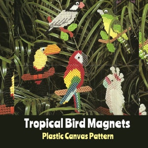TROPICAL BIRD MAGNETS Plastic Canvas Instant Digital Download Pdf Pattern Toucan Parrot Cuckoo Cockatoo Ricebird Macaw Plant Pokes Gift Tags