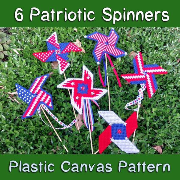 PATRIOTIC SPINNERS Plastic Canvas Pattern PinWheel PDF Plant Pokes Magnets Ornaments Gift Tag Original Designs by UndoKarma Instant Download