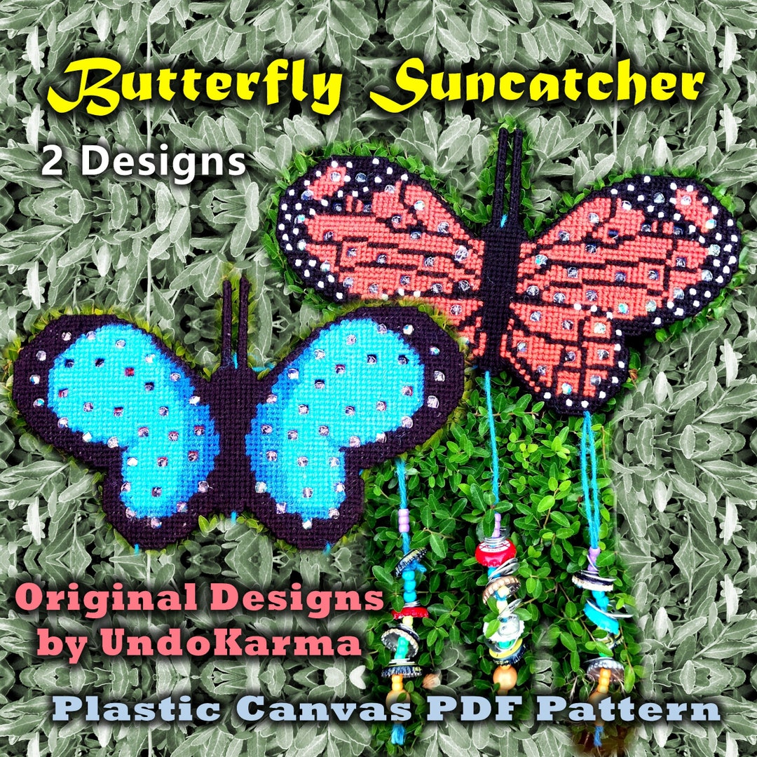 BUTTERFLY Suncatcher PLASTIC CANVAS Pattern Sun Catcher Monarch Blue Mobil Wind Chime Hanger Windchime Original Design by Undokarma