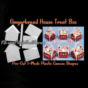 May include: Image features a collection of gingerbread house treat boxes and pre-cut plastic canvas shapes. The boxes are red and white, filled with candies, and have handles. Text on the image reads "Gingerbread House Treat Box" and "Pre-Cut 7-Mesh Plastic Canvas Shapes."
