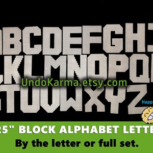 May include: White 4.25-inch block alphabet letters on a black background. The letters are made of a perforated material. The text "UndoKarma.etsy.com" is visible. The text "4.25" BLOCK ALPHABET LETTERS" is also visible.